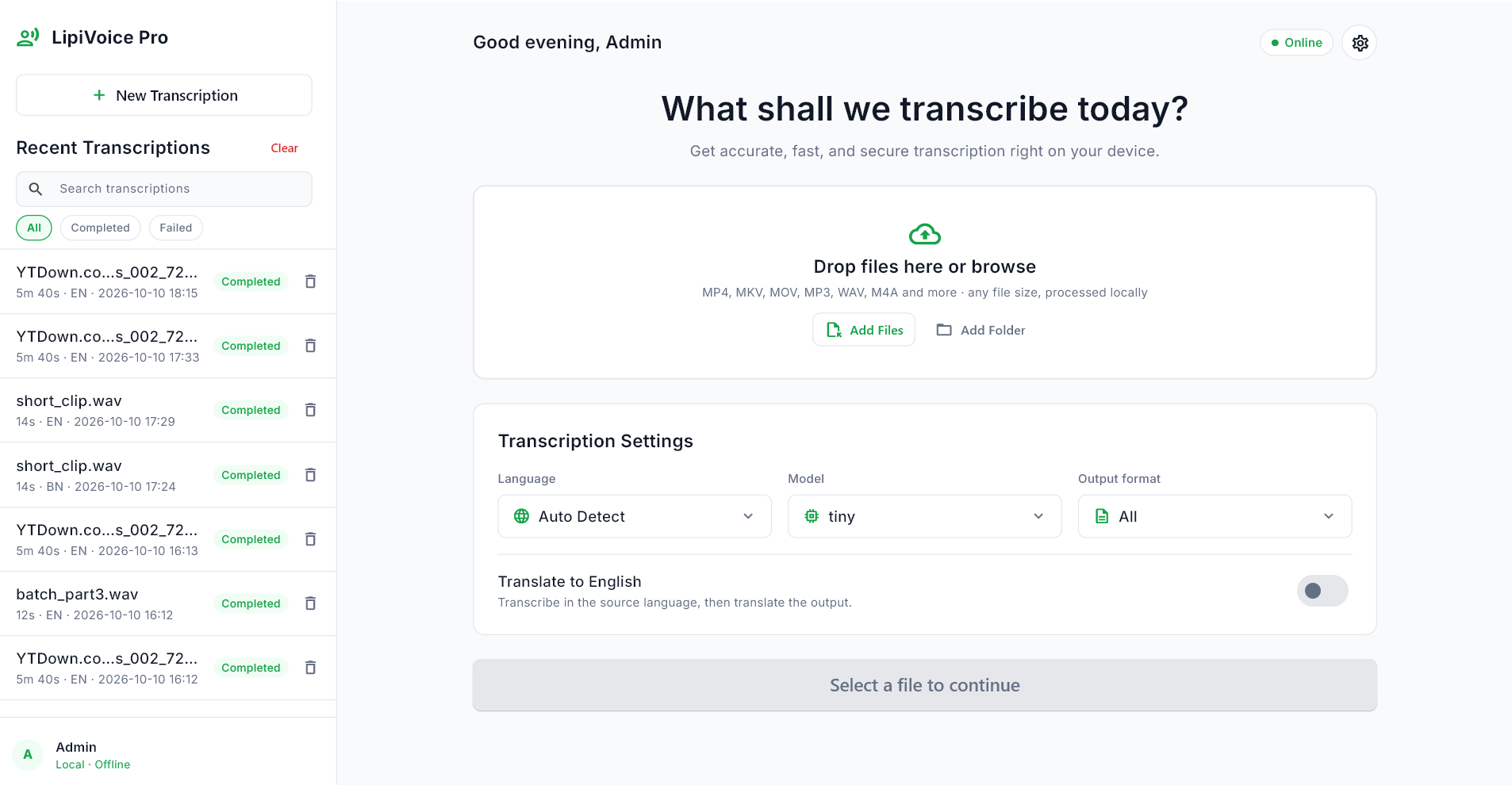 LipiVoice Pro main transcription workspace
