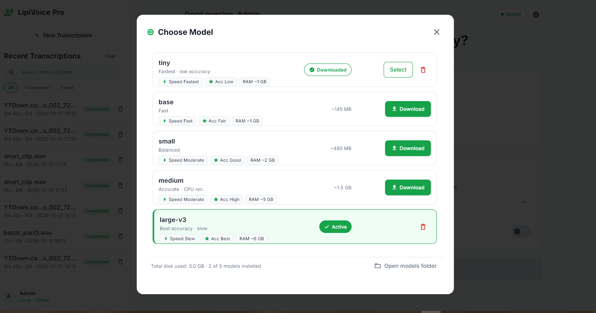 LipiVoice Pro AI model selection and management window