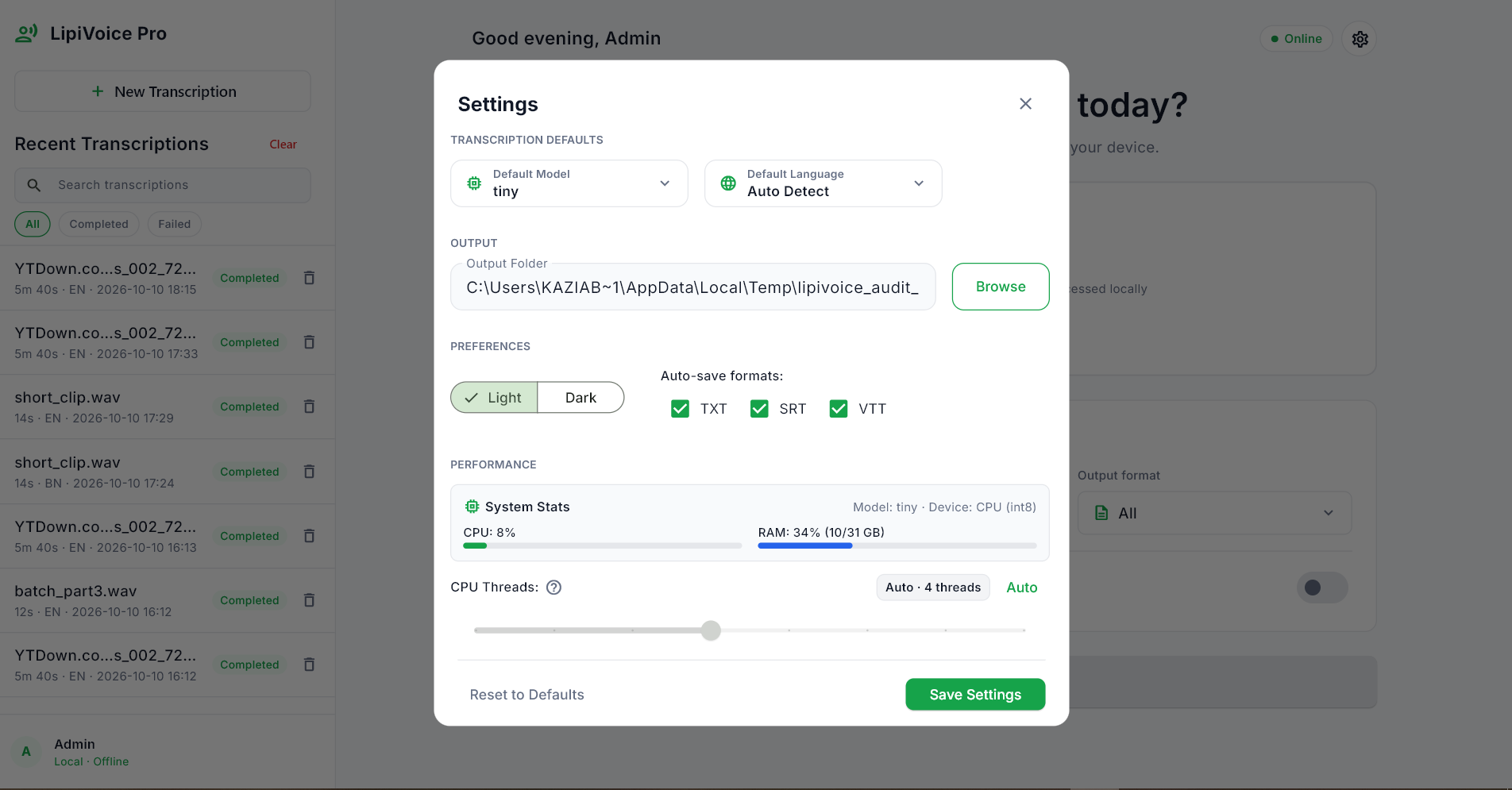 LipiVoice Pro settings and performance panel
